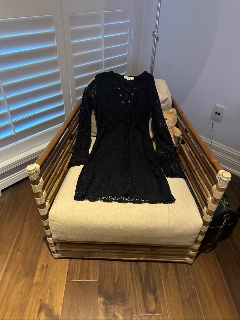 Black Lace Long-Sleeve Mini Dress with Lace-Up Front